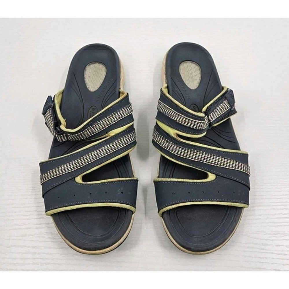 Dr Scholl's Dayslide Gray Yellow Adj Strap Over Gel Cushion Slip-on Sandals Sz 9